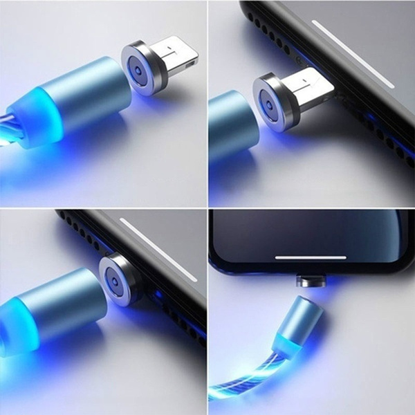 Mágneses LED töltőkábel + 3 fejegység - USB-C | Micro USB | IOS (Kék és Piros színben)
